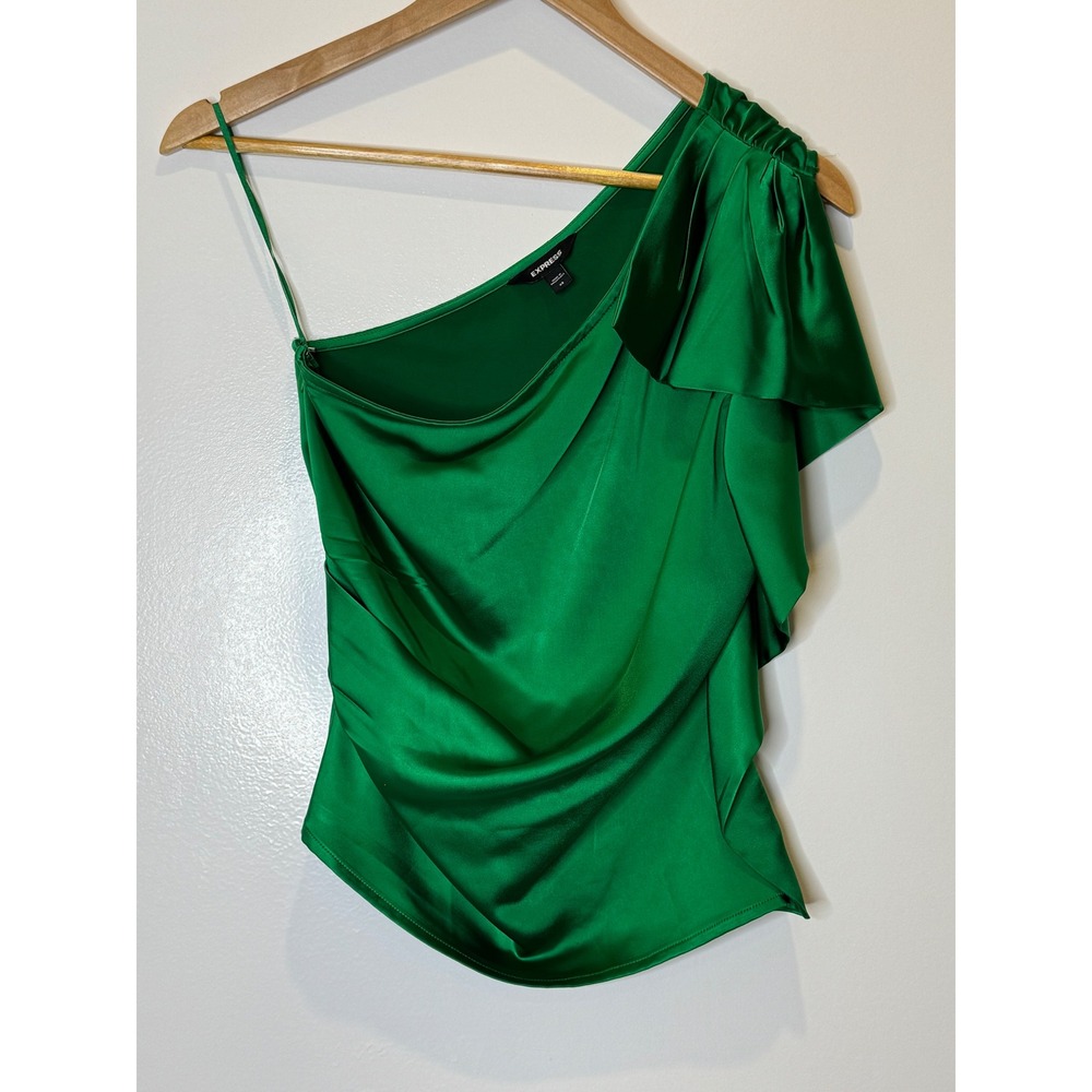 Express XS Emerald Green Satin One Shoulder Ruffle Blouse Coquette Maximalist